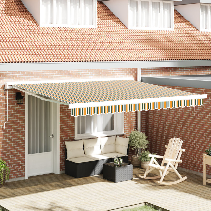 Latitude Run Retractable Patio Awning, 380 cm W x 295 cm D, Green/Yellow Striped