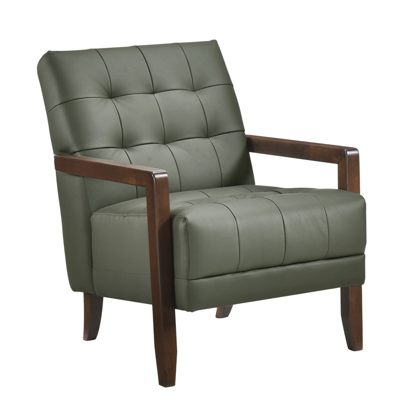 Fauteuil contemporain en cuir avec détails et pieds d'appoint en noyer, Vert