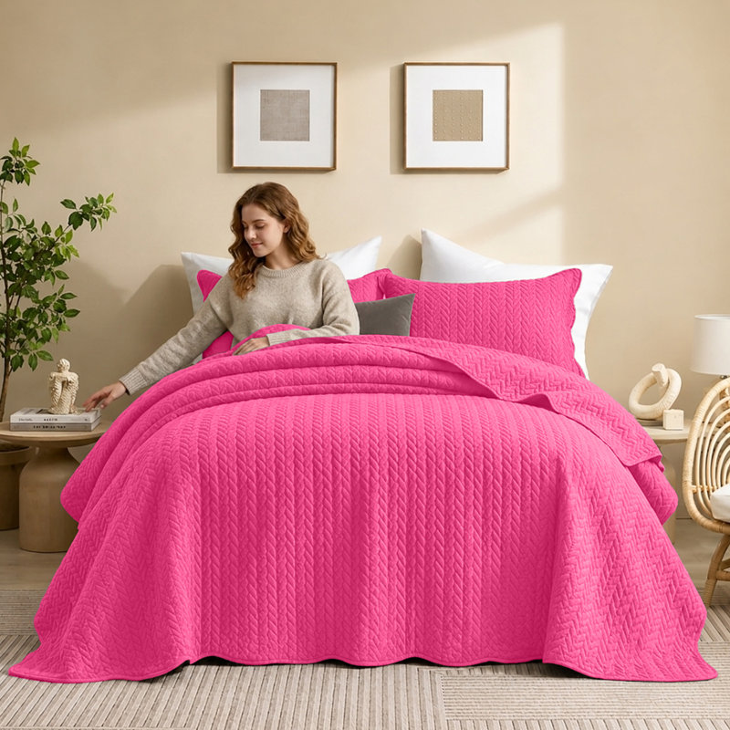 Microfiber Embossed Oversized Modern & Contemporary Bedspread Set With Shams, California King Bedspread + 2 Pillowcases, Pink