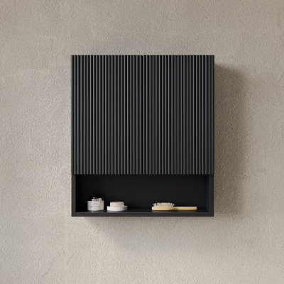 TOBI 26" Wall-Mounted Striped Bathroom Cabinet, With Doors, Shelf And Open Storage Compartment Over The Toilet Storage Cabinet For Bathroom, Kitchen, Laundry Room, Black Color