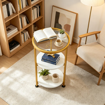 Table d'appoint en verre, petite table de bout ronde en verre trempé avec tablettes de rangement à 3 niveaux pour les petits espaces, table de chevet moderne pour le salon, la chambre à coucher