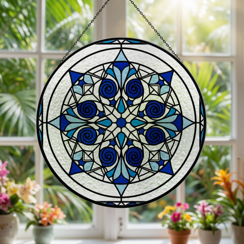 7.8"H Blue Spiral Stained Glass Window Panel
