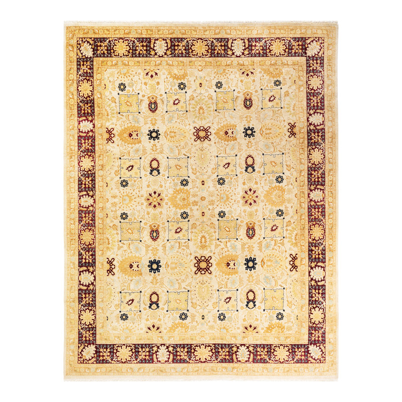 Tapis unique ivoire / rouge / jaune noué à la main 8 pi 2 po x 10 pi 7 po Hayner