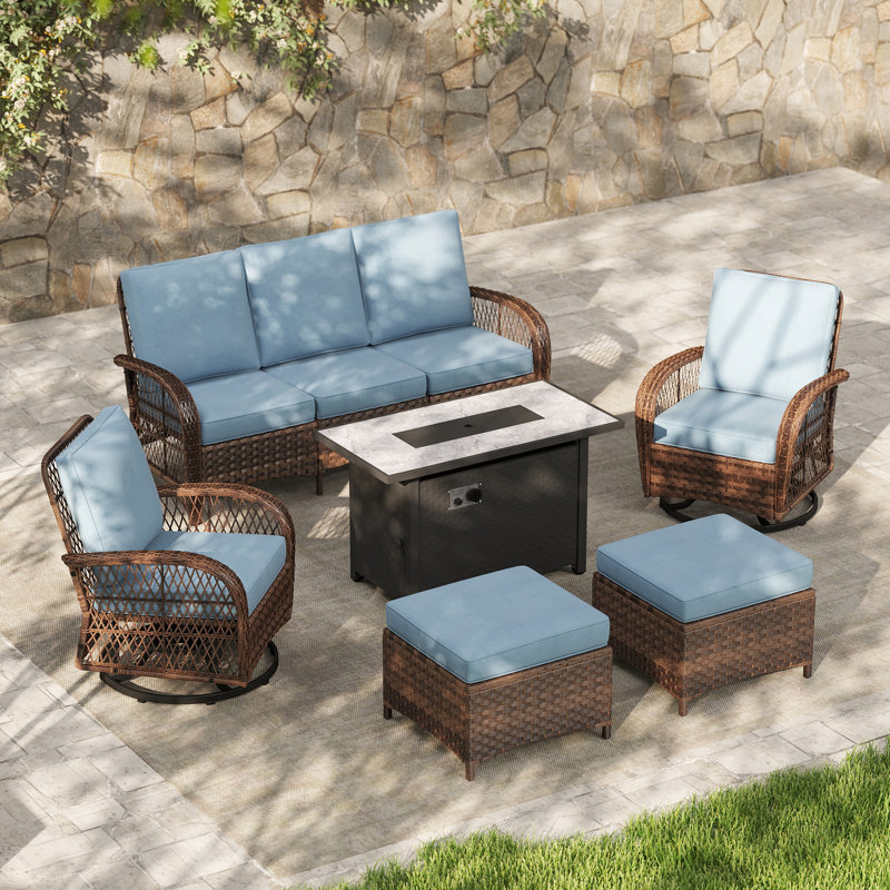 Ensemble de conversation pour patio pour 5 personnes en osier toutes saisons avec table de feu, Oui, Blue