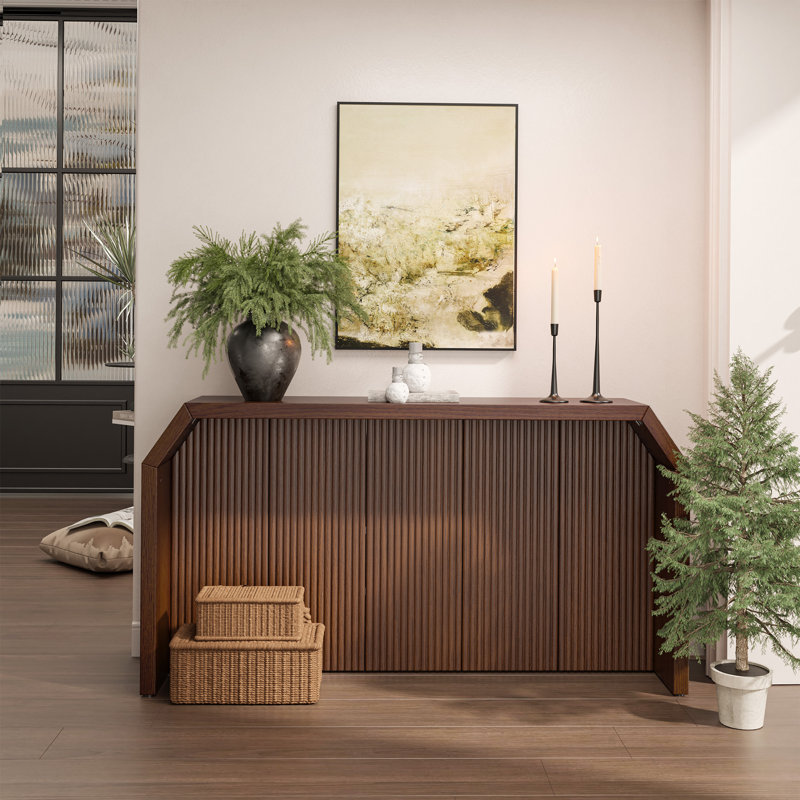 Console en bois cannelée de 55,9 po L, table de vestibule pour vestibule et salon moderne, Brun