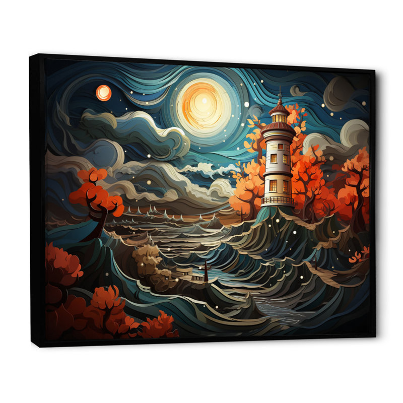 Bord de mer majestueux phare IV, reproduction d'art sur toile, Cadre flottant noir, H 24 po x l 32 po x P 1 po