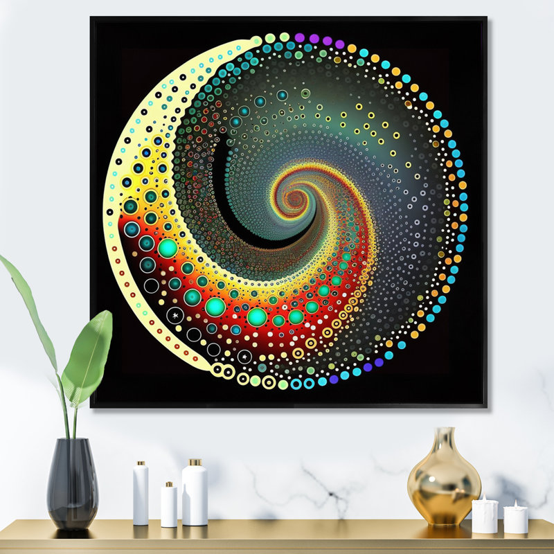 «Iridiscdent Pointillism Spiral Retro Rainbow I», reproduction sur toile, H 16 po x l 16 po x P 1 po, Cadre flottant noir
