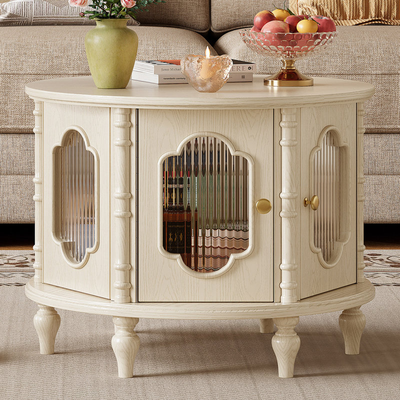 Table basse ronde en bois massif de style crème et chêne rouge
