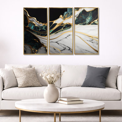«Abstract Geode Gold and Green Marble III», reproduction sur toile 3 pièces