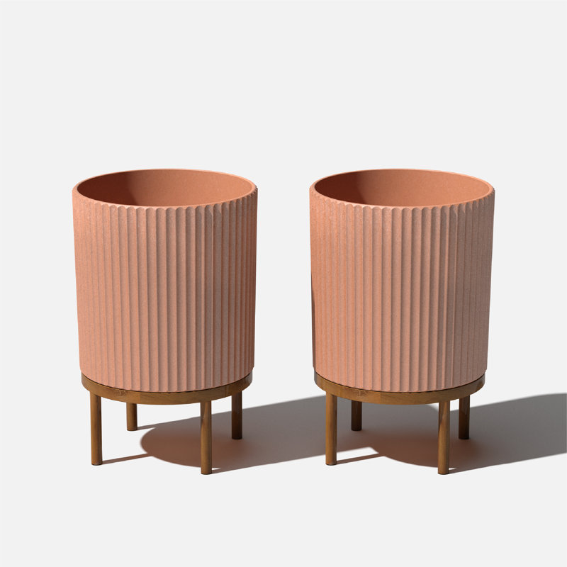 Terracotta and Brown Plastic-Concrete Planter Set with Acacia Wood Stand