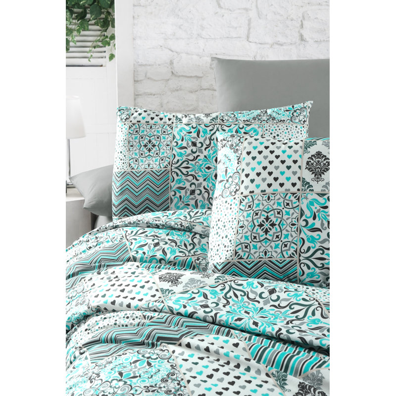 Ensemble de housse de courtepointe 100% coton de qualité supérieure Ranforce, blanc / bleu / noir | Housse de couette 78,7 po x 86,6 po, drap plat 86,6 po x 94,5 po, 2 taies d'oreiller 19,7 po x 27,6 po | 142 fils au pouce carré, lavable à la machine, doux et durable