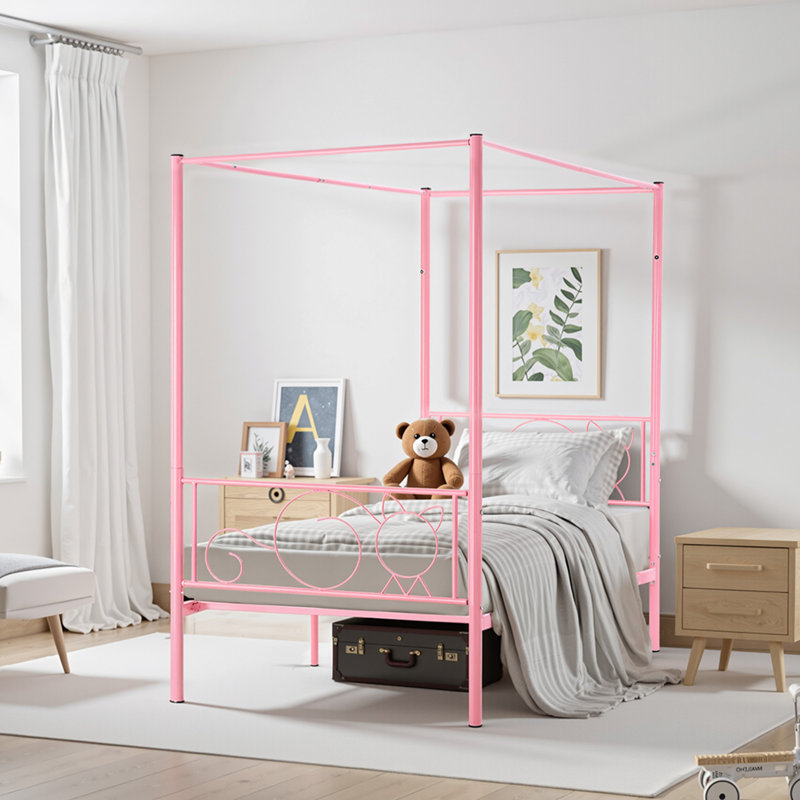 Twin Size Canopy Bed Frame Metal Canopy Bed with Headboard & Four Posters