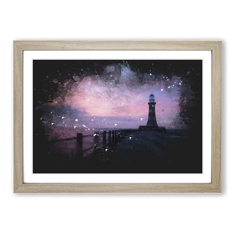 Lighthouse at Sunset - Picture Frame Graphic Art, 48cm H x 65cm W x 2cm D, Oak Framed