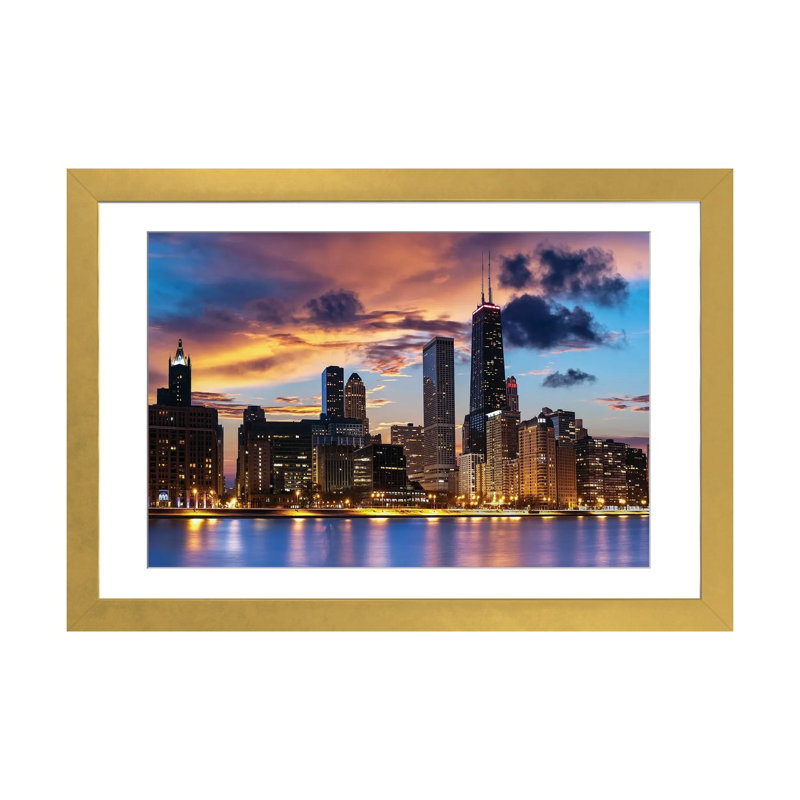 Chicago Skyline by Paul Rommer iCanvas, 16" H x 24" W x 1" D, Gold Open Corner Frame Paper