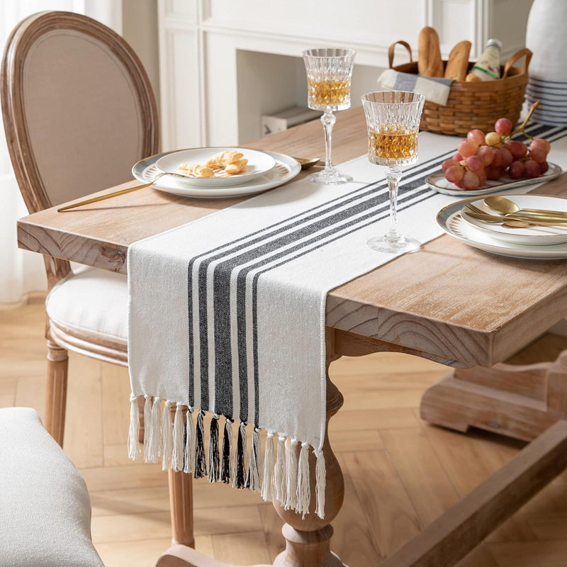 Molique Runner Striped Cotton Table Runner, 60" x 13", Beige/Black