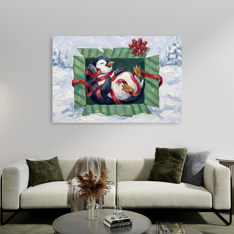 Happy Penguin Gift Playful Abstract Contemporary Penguin Winter Landscape Wall Art Print, 101.6cm H x 152.4cm W