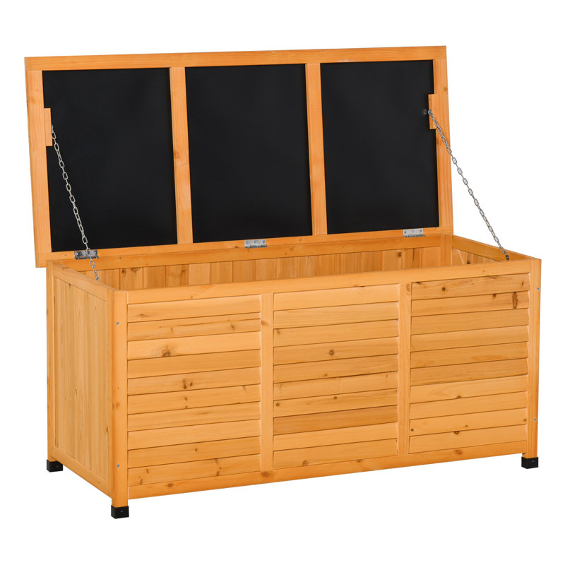 Outsunny 75 Gallon Wooden Deck Box, Outdoor Storage Container with Ventilation Gaps and Lid Support Chains, Yellow Finish