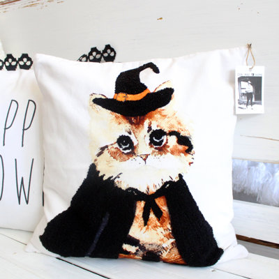 Witch Kitty Kitty Cotton Throw Pillow