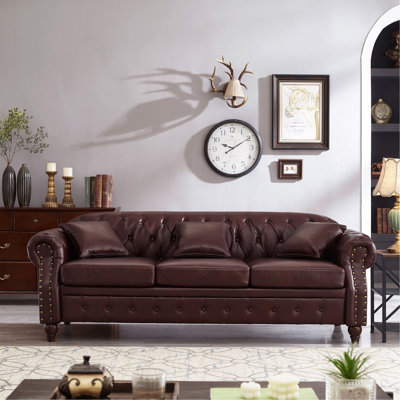 85.8" Living Room Chesterfield Sofa Classic Tufted Design Faux Leather PU Upholstered Sofa with Storage (Burgundy)
