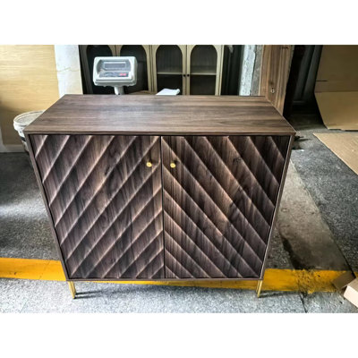 Modern Walnut Sideboard With Adjustable Shelves For Kitchen And Foyer - Diagonal Wave Design, Ample Storage Clothes, Metal Legs Dining Room Entryway L