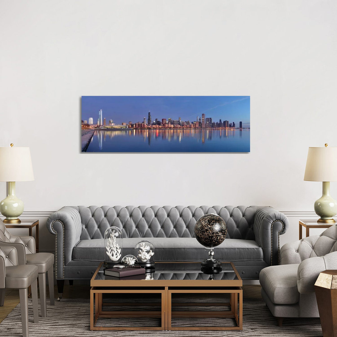 Chicago Skyline Cityscape (Sunset) - Wrapped Canvas Panoramic Print