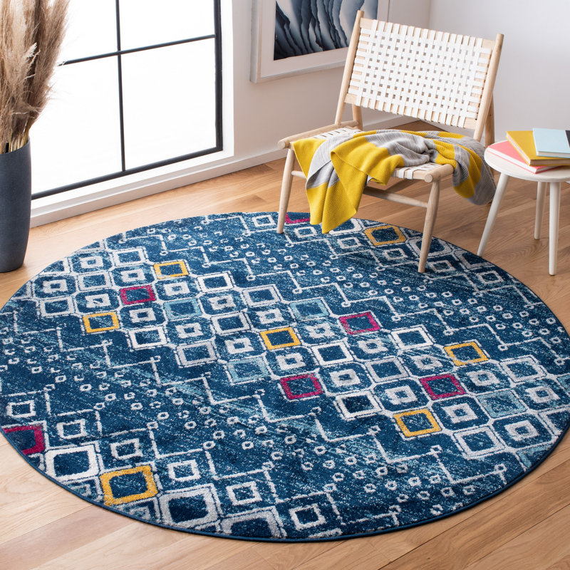 Aird Performance Southwestern Rug, Round 6'7", Navy/Turquoise