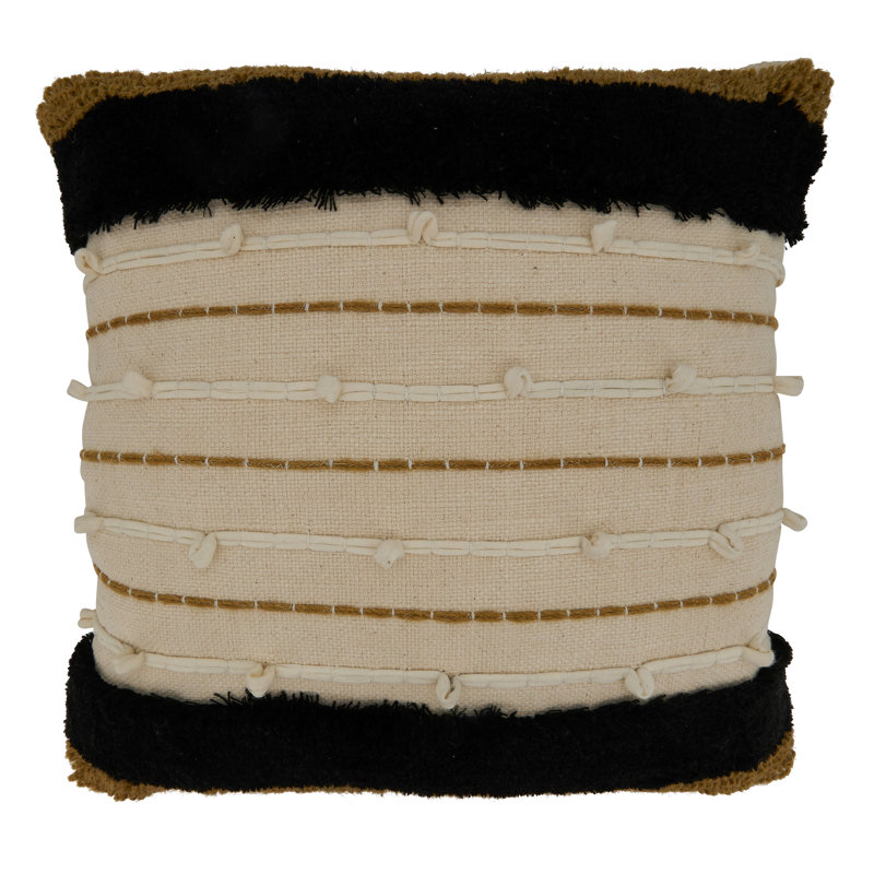 Gold and Black Embroidered Cotton Square Pillow