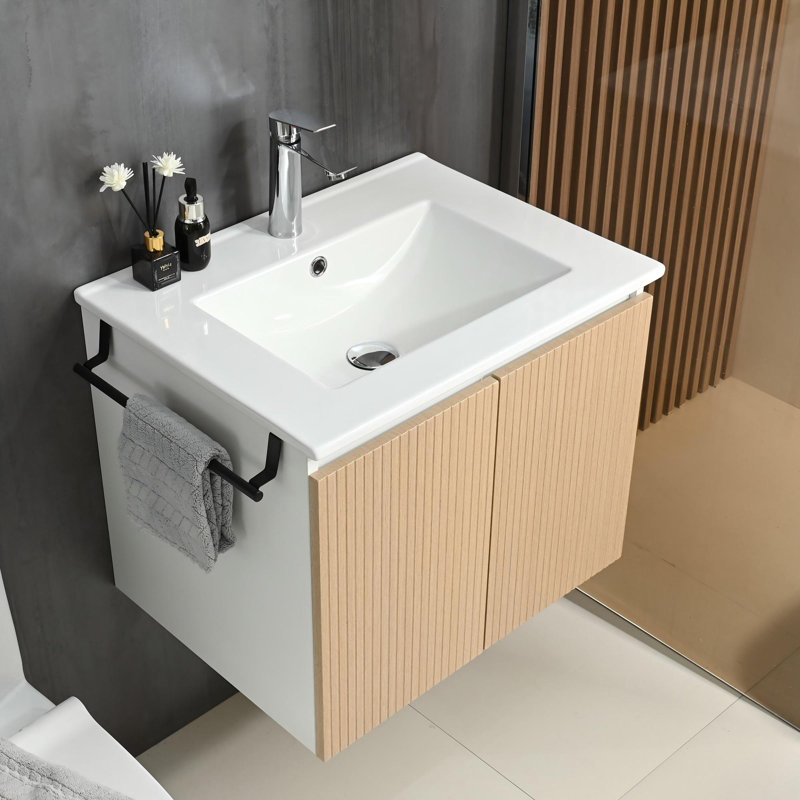Armoire de salle de bain murale avec lavabo en céramique et porte-serviettes, Jaune / Blanc