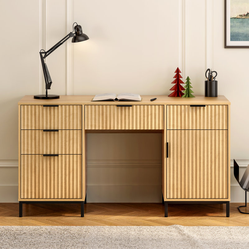 Fluted Executive Desk And File Storage Cabinet With Metal Base, Natural Oak