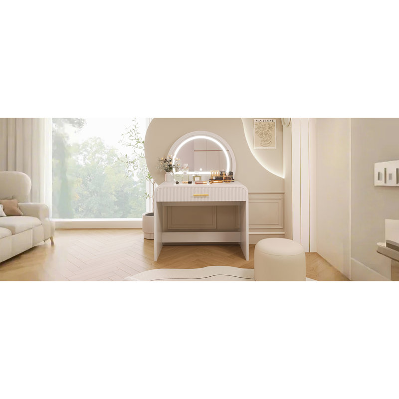 White 39" Bedroom Makeup Vanity Table. Touch Screen Lighted Mirror And Drawer. Curved Design For Elegance. Adequate Storage Space. User-. Simple Installation Procedure