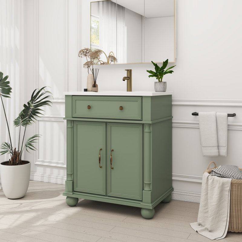 Meuble-lavabo de 28 po avec base à colonne romaine, rangement de qualité P2, lavabo à tablettes réglables en hauteur Mid-Century, poignées en métal, lavabo profond pour éviter les éclaboussures d'eau