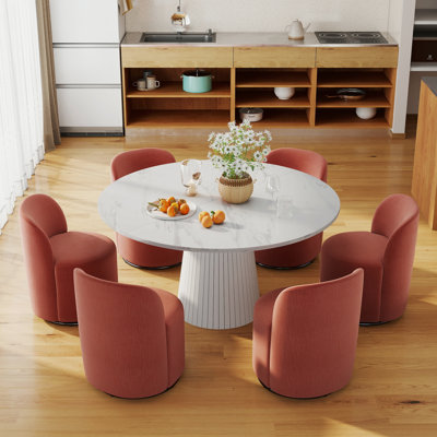 Ensemble de table de salle à manger de style campagnard rond 47 po avec chaises pivotantes en lin 4/6, moderne pour la cuisine et le salon
