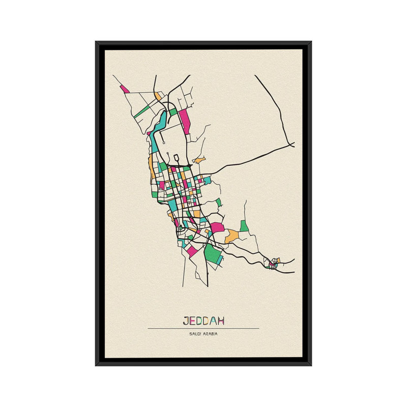 Jeddah, Saudi Arabia Map by Ayse Deniz Akerman - Floater Frame Print on Canvas