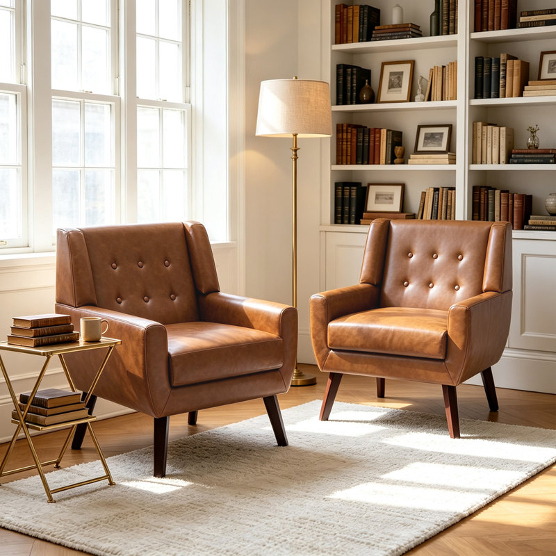 Jaqueze Upholstered Brown Faux Leather Tufted Square Arm Accent chair, Brow Faux Leather