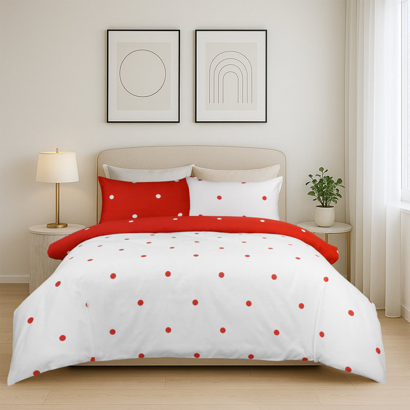 Haffa Microfiber Duvet Cover Set with Pillowcases Included, King Duvet Cover + 2 Standard Pillowcases, Red/White Doted