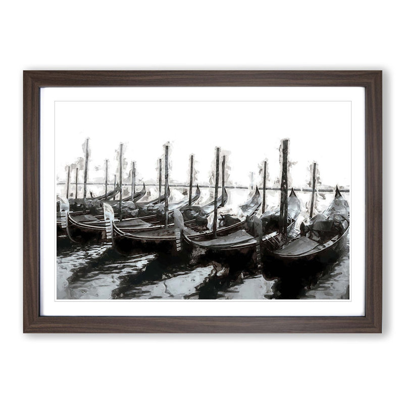 Docked Gondolas in Venice Italy in Abstract - Picture Frame Painting Print on MDF, Walnut Framed, 62cm H x 87cm W x 2cm D
