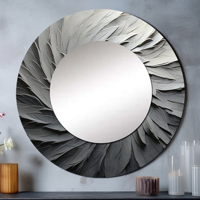 Savary Grey Beige Meditative Movement II - Abstract Spirals Unique Wall Mirror Decor, Gray Large Round Mirror, Printed Metal Art