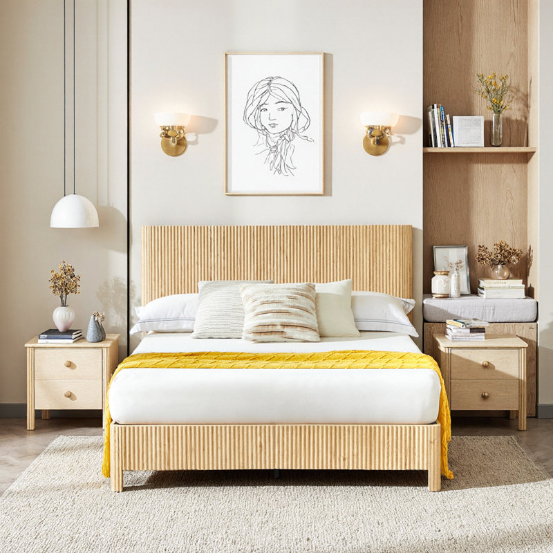 Cadre de lit grand format en bois avec lignes ondulées ondulées - charme campagnard rustique, pas de sommier tapissier, finition chêne massif
