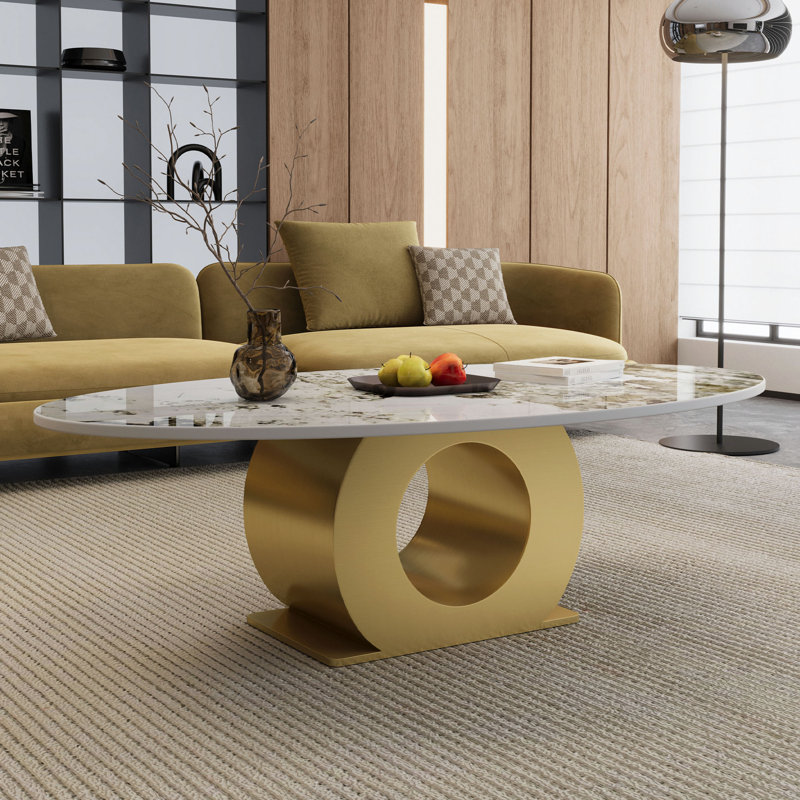 Table basse ovale moderne en pierre frittée de 49,2 po avec base en acier inoxydable, Doré, H 15,6 po x l 49,2 po x P 26,8 po
