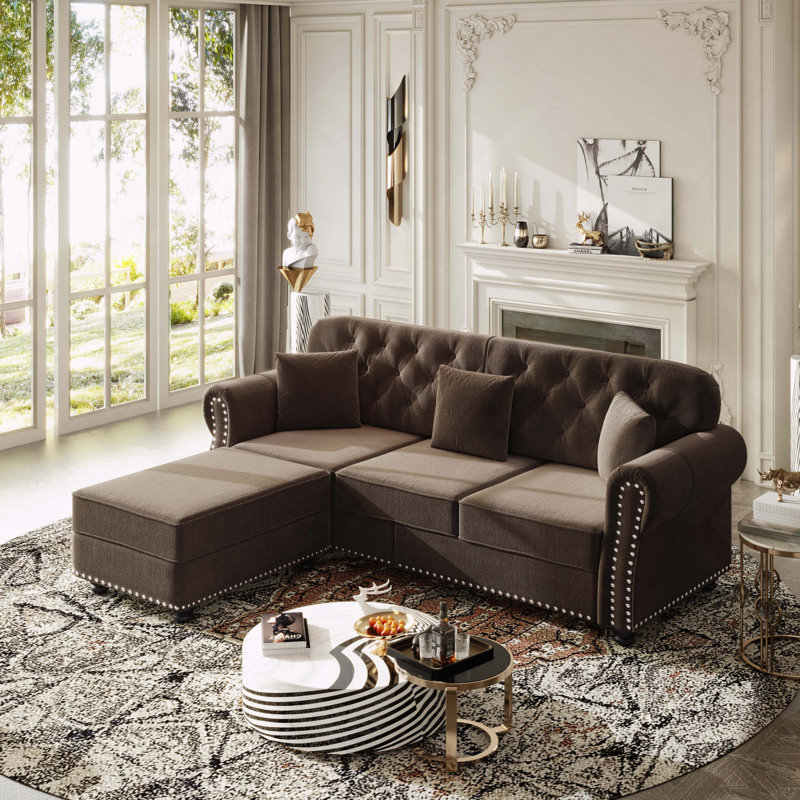 Velvet Chesterfield Sofa Nailhead Trim Button Tufted, Brown