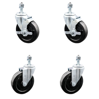 5 Inch SS Hard Rubber Wheel Swivel ½ Inch Threaded Stem Caster Set 2 Brakes SCC