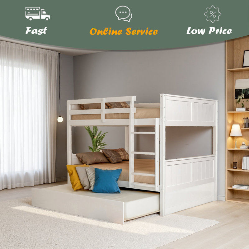 Lit superposé double au-dessus de double avec lit gigogne simple, Blanc