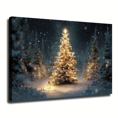 Arbre de Noël brillant dans une forêt enneigée, scène de nuit, grande galerie d'art sur toile tendue pour salon, chambre à coucher