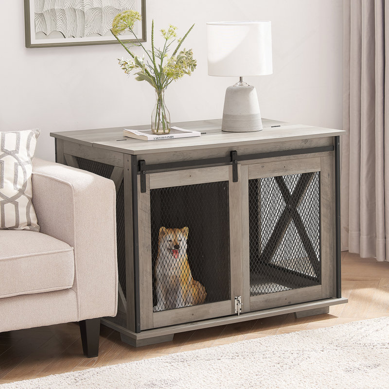Mobilier pour cage de chien, cage pour chien de ferme avec porte de grange coulissante , Gris délavé