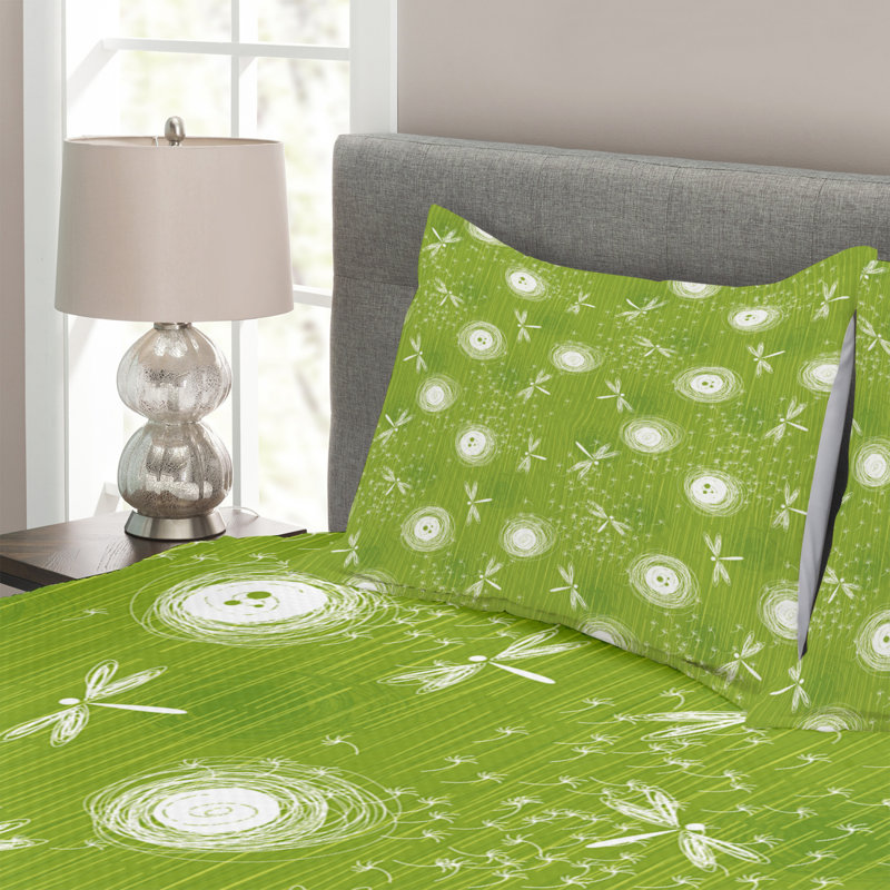 Aedal Green/White Microfiber Bedspread Set, 220 x 264 cm