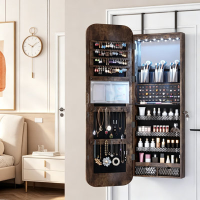 Wall Mounted Jewelry Cabinet with LED Mirror, 47.2 inch Full Length Lockable Storage Organizer, 6 Built-in Lights, 2 Drawers for Jewelry and Cosmetics, Rustic Brown