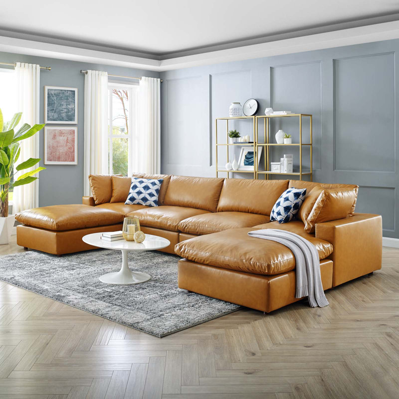 Modway Commix Down Filled Overstuffed Vegan Leather 6-Piece Sectional Sofa, Tan Leather