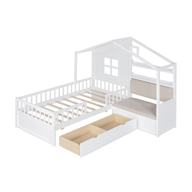 Lit simple avec canapé, lit plateforme pour enfants avec deux tiroirs et tablette de rangement, Blanc