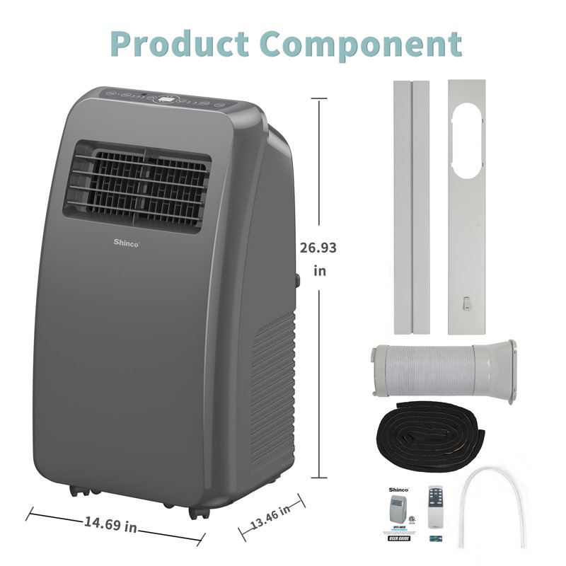 Shinco 8,000 Btu(Ashrae) Portable Air Conditioner(Copper Tube) - 3-in-1 Cool/dehumidifier/fan For Rooms Up To 350 Sq.ft, Remote Control & 24h Timer, Compact Ac Unit For Bedroom/office, Gray
