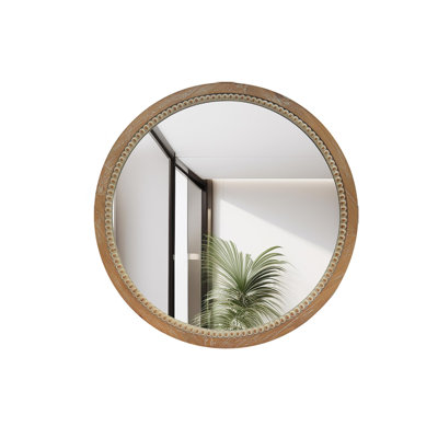 Round Distressed Wood Beaded Wall Mirror, 23.62" Farmhouse Vintage Accent Mirror For Bathroom, Bedroom, Entryway, Rustic Decorative Mirror